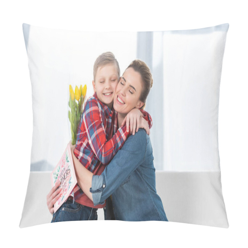 Personality  Smiling Mother And Son Embracing On Mothers Day After He Gave Her Flowers Pillow Covers