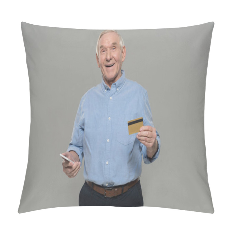 Personality  Senior Man Holds Smartphone And Credit Card Isolated On Gray Background Isolated On Gray Background Pillow Covers