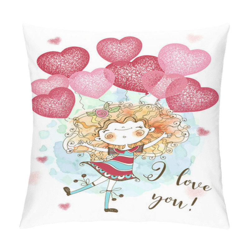 Personality  A Valentine's Day Card. Cute Girl With Balloons In The Form Of Hearts. Be My Valentine. Vector. Pillow Covers