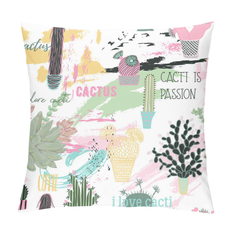 Personality  Seamless Pattern With Cactuses, Succulents, Brush Strokes And Typography Elements. Abstract Patchwork Background. Vector Illustration  Pillow Covers