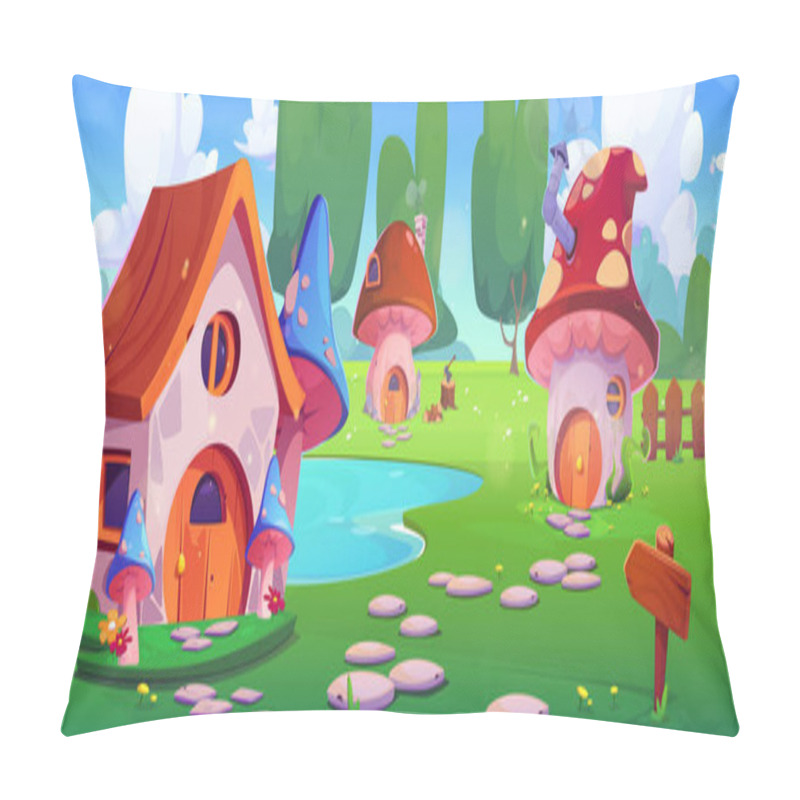 Personality  Fairy Tale Landscape With Gnome Or Animal Mushroom Houses - Elf Cottage With Roof, Blue Spotted Toadstools, Tiny Brown Dwelling Near Lake. Fantasy Village Scene With Stones Path, Wooden Fence, Flowers Pillow Covers