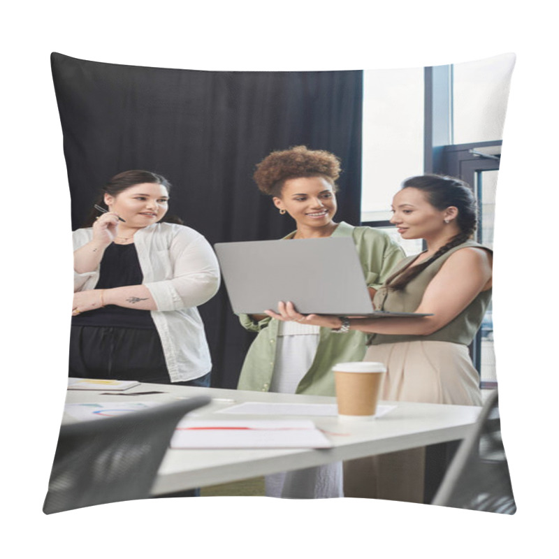 Personality  Three Stylish Businesswomen Collaborate And Share Insights In A Contemporary Workspace. Pillow Covers