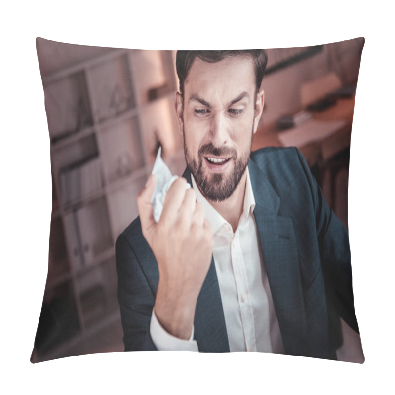 Personality  Angry Dissatisfied Worker Holding And Minting The Document. Pillow Covers