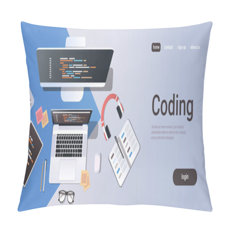 Personality  Web Site Design Development Program Coding Concept Top Angle View Desktop Computer Monitor Tablet Laptop Screen Organizer Office Stuff Horizontal Copy Space Pillow Covers