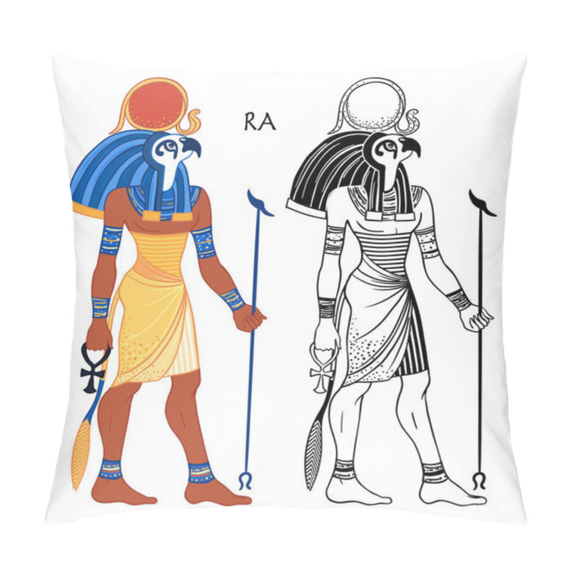 Personality  Portrait Of Ra, Egyptian God Of Sun. Most Important God In Ancient Egypt. Also Known As Amun-Ra And Ra-Horakhty. Vector Isolated Illustration. Man With The Head Of A Hawk And The Sun Disk Pillow Covers