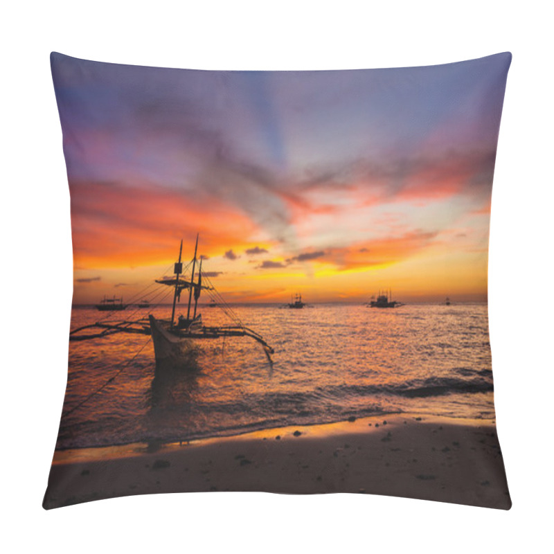 Personality  Sail Boat At Sunset Sea, Boracay Island, Philippines Pillow Covers