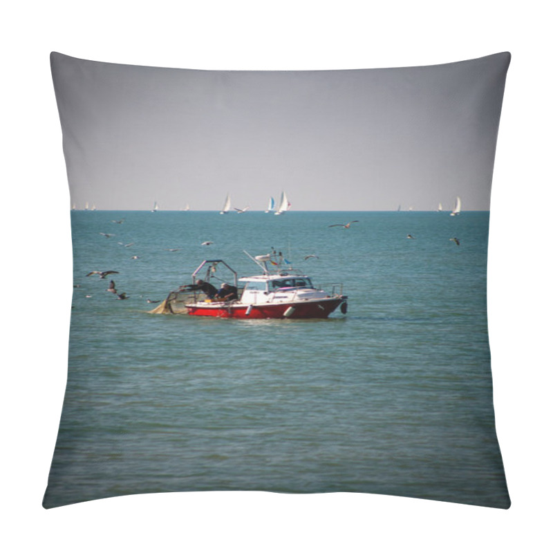 Personality  Nieuwpoort, Belgium, October 5th, 2024, A Peaceful And Tranquil Scene Featuring A Small Fishing Boat Gently Sailing Amidst The Calm Waves And Distant Sailboats Pillow Covers