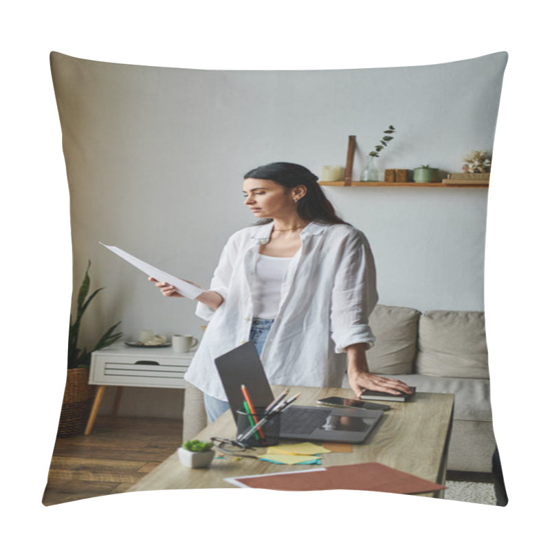 Personality  Stylish Woman Reviewing Paperwork In Cozy Home Office Setting. Pillow Covers