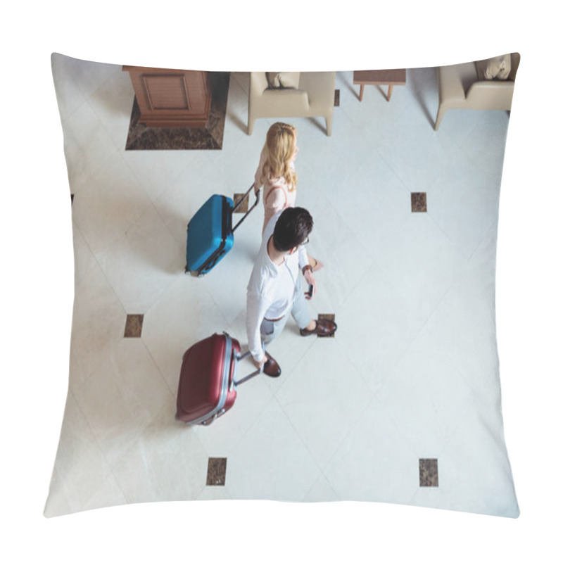 Personality  Overhead View Of Couple Of Travelers Walking With Luggage In Hotel Pillow Covers