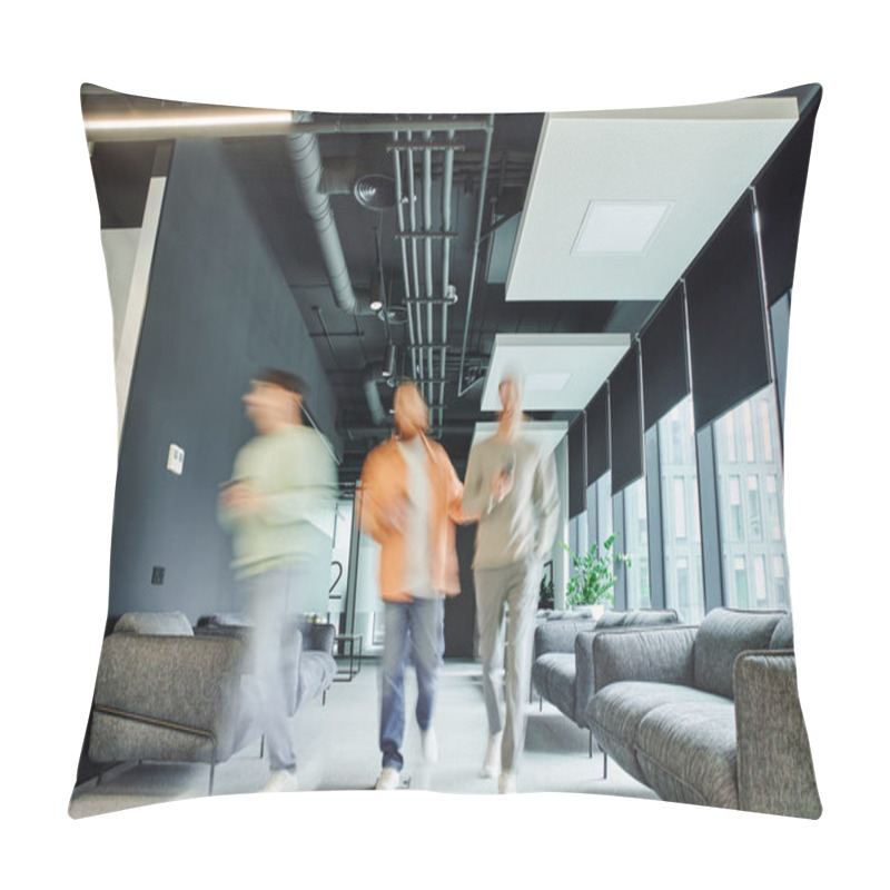 Personality  Motion Blur Of Modern Entrepreneurs In Casual Clothes Walking Along Lounge Corridor With Comfortable Couches In Coworking Office With High Tech Interior, Movement, Collaboration, Dynamic Business Pillow Covers