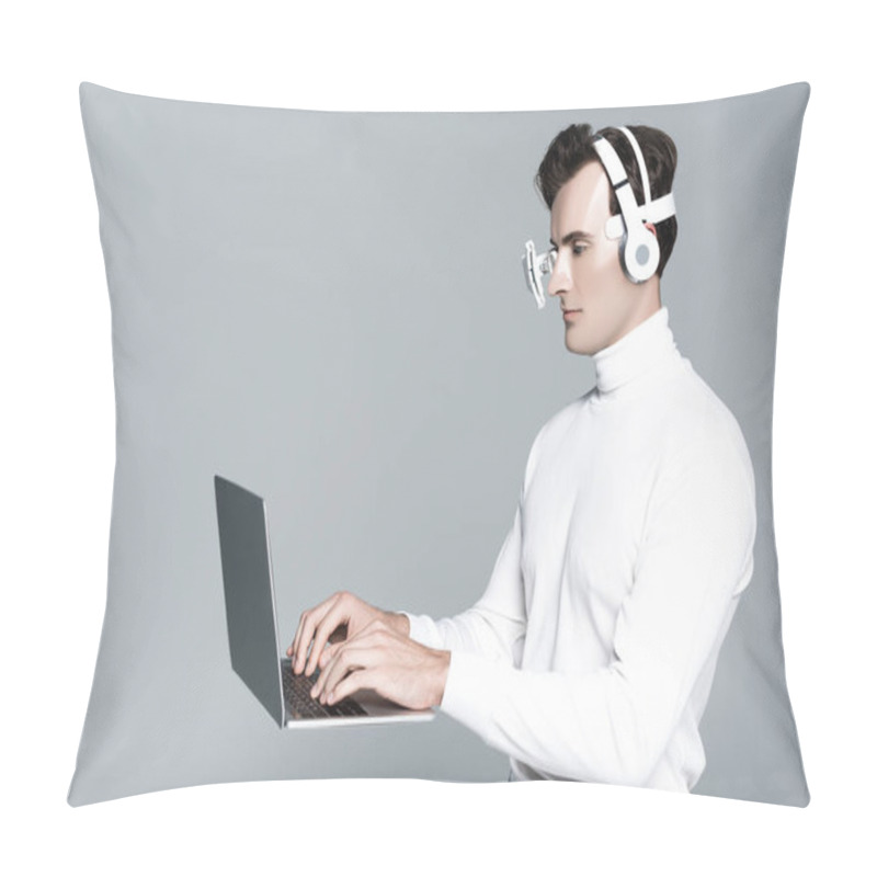 Personality  Cyborg In Headphones And Eye Lens Using Laptop In Air Isolated On Grey Pillow Covers