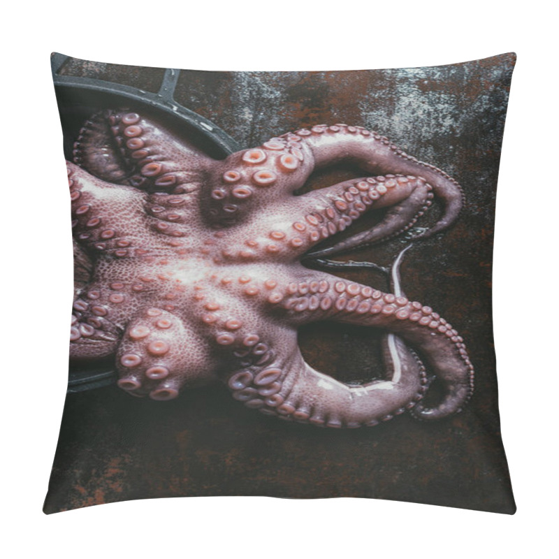 Personality  Top View Of Big Raw Octopus In Saucepan On Rusty Metal Surface Pillow Covers