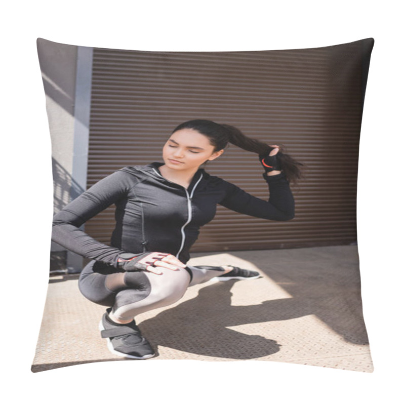 Personality  Selective Focus Of Beautiful Young Sportswoman Stretching Outside While Touching Hair Pillow Covers