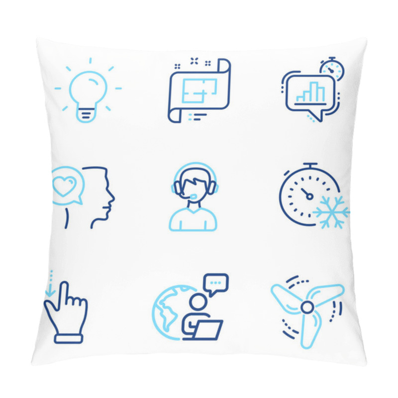 Personality  Technology Icons Set. Included Icon As Touchscreen Gesture, Statistics Timer, Consultant Signs. Light Bulb, Freezing Timer, Romantic Talk Symbols. Architectural Plan, Wind Energy. Vector Pillow Covers