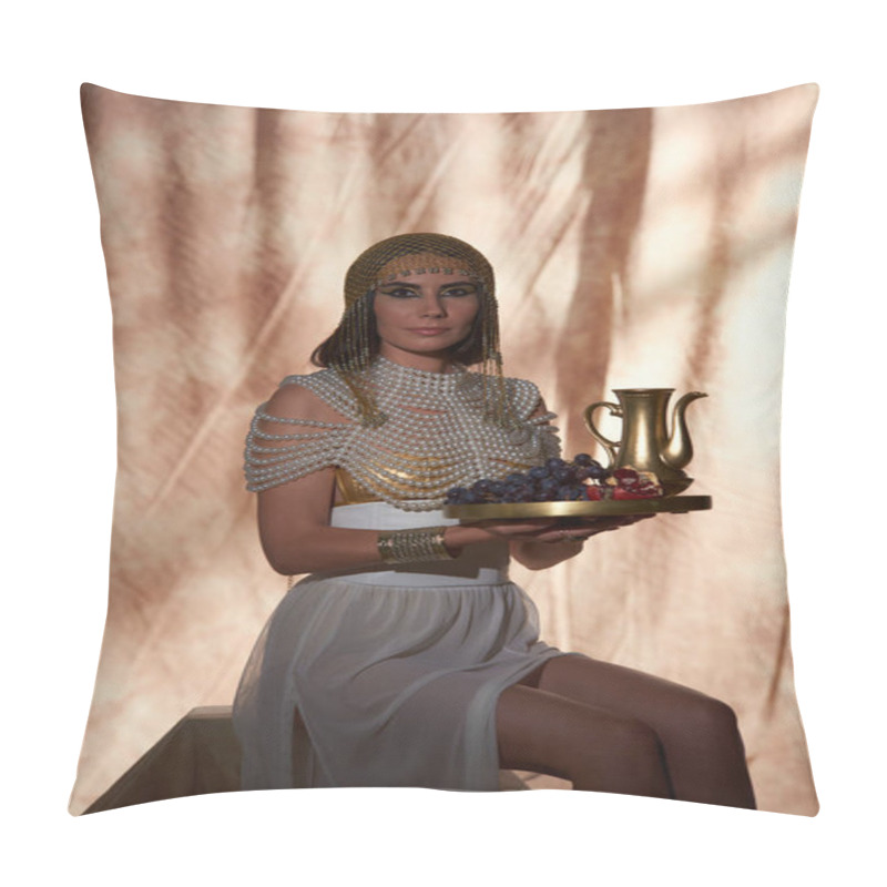 Personality  Stylish Woman In Egyptian Attire And Pearl Top Holding Jug And Fresh Fruits On Abstract Background Pillow Covers