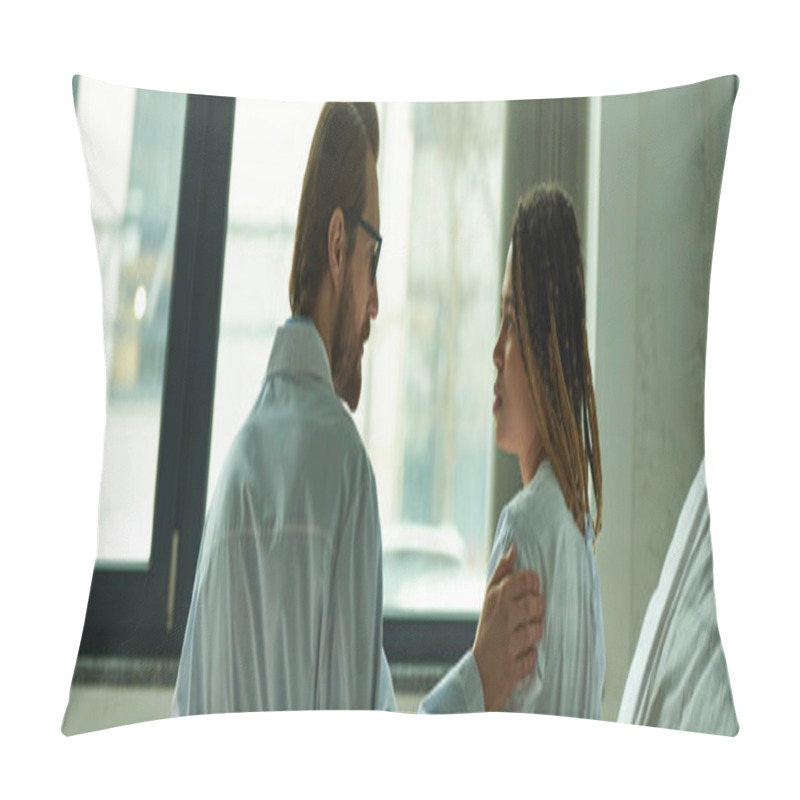 Personality  Doctor Comforting African American Woman, Touching Shoulder Of Patient, Private Ward, Clinic, Banner Pillow Covers