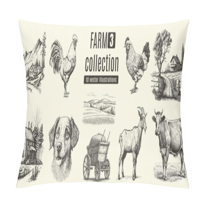 Personality  Rural Meadow Or Countryside Farm Set. A Village Landscape With Cows, Goats And Lamb, Hills And A Farm. Pillow Covers