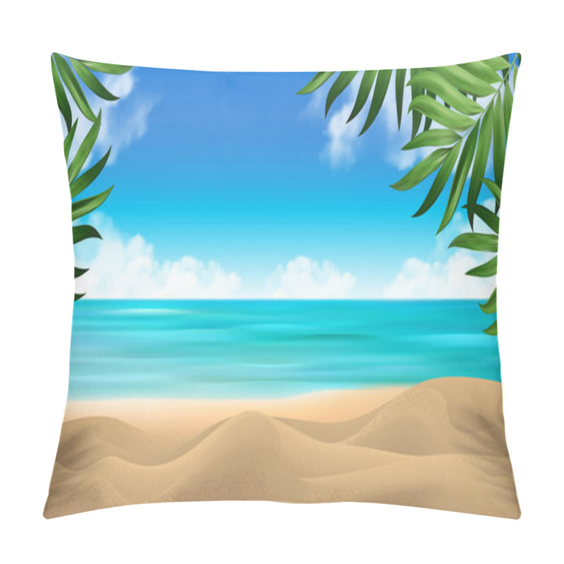 Personality  Product Advertising Background. Azure Ocean White Clouds. Coconut Palm Trees Against Blue Sky And Beautiful Tropical Beach. Vacation Holidays Background Wallpaper. Vector Illustration Pillow Covers