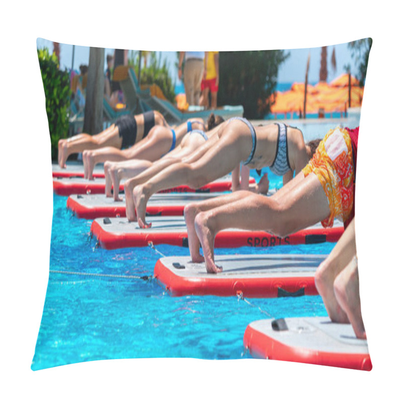 Personality  A Detailed View Of Individuals Performing Yoga On Paddleboards Floating In A Bright Pool Surrounded By Tropical Greenery. Concept Of Unique Aquatic Workouts And Active Vacations Pillow Covers