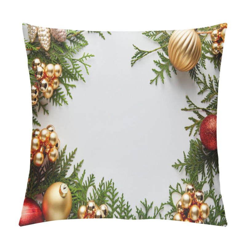 Personality  Frame Of Shiny Golden And Red Christmas Decoration On Green Thuja Branches Isolated On White With Copy Space Pillow Covers