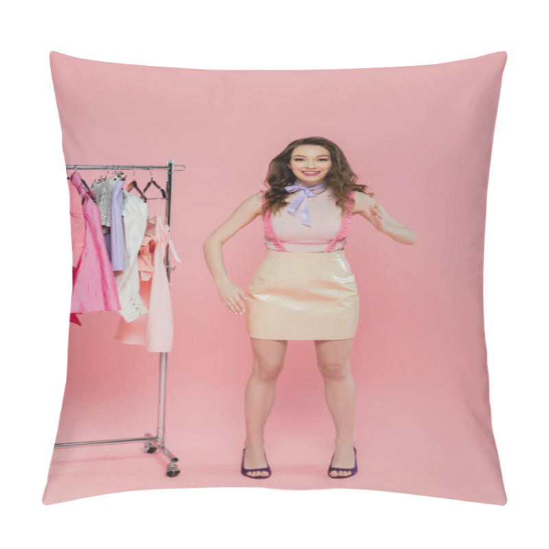 Personality  Wardrobe Selection, Happy And Pretty Young Woman With Wavy Hair Choosing Clothes, Pretending To Be A Doll, Looking At Camera And Standing Near Clothes Rack, Conceptual, Doll-like  Pillow Covers