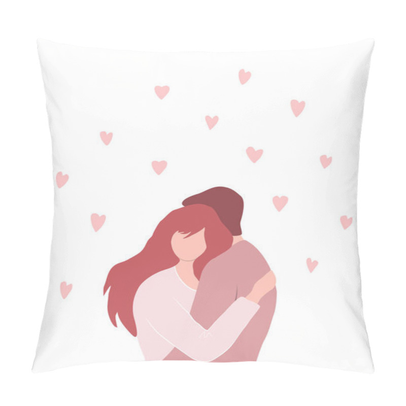 Personality  Valentine's Day Illustration. A Loving Couple Hugs. Young Man And Young Woman Surrounded By Pink Hearts. Romantic Greeting Card. Vector Illustration In Pink Colors Pillow Covers