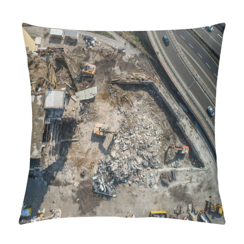 Personality  Aerial View Of Building House Demolition And Construction Site Excavator With Hydraulic Crasher Machine Pillow Covers