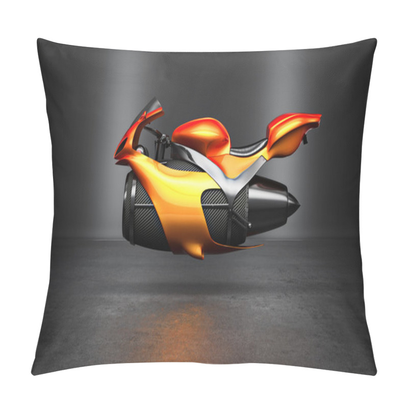 Personality  Custom Orange Futuristic Turbine Jet Bike Concept Studio Shot On Display. Pillow Covers