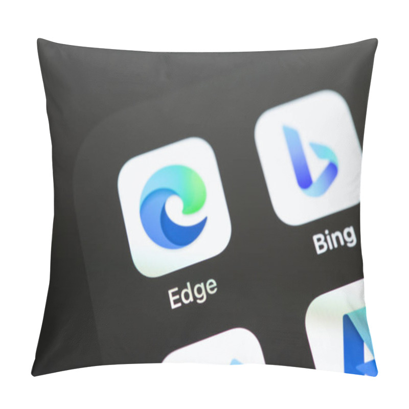 Personality  Microsoft Edge And Bing Mobile Apps On The Screen Smartphone IPhone Closeup. Microsoft Edge Is A Browser From Microsoft. Batumi, Georgia - April 24, 2023 Pillow Covers