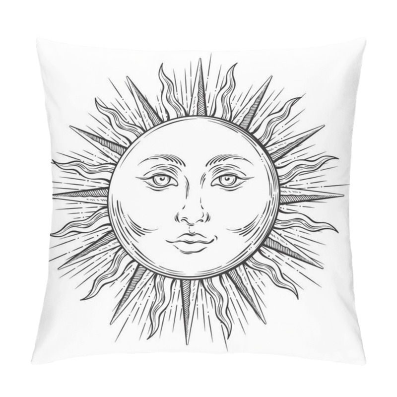 Personality  Antique Style Hand Drawn Art Sun. Boho Chic Tattoo Design Vector Pillow Covers