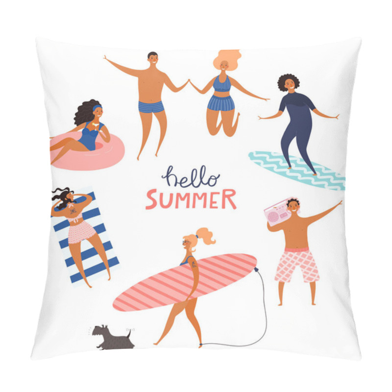 Personality  Round Frame Made Of Happy People In Swimwear With Quote Hello Summer Isolated On White Background. Hand Drawn Vector Illustration. Pillow Covers