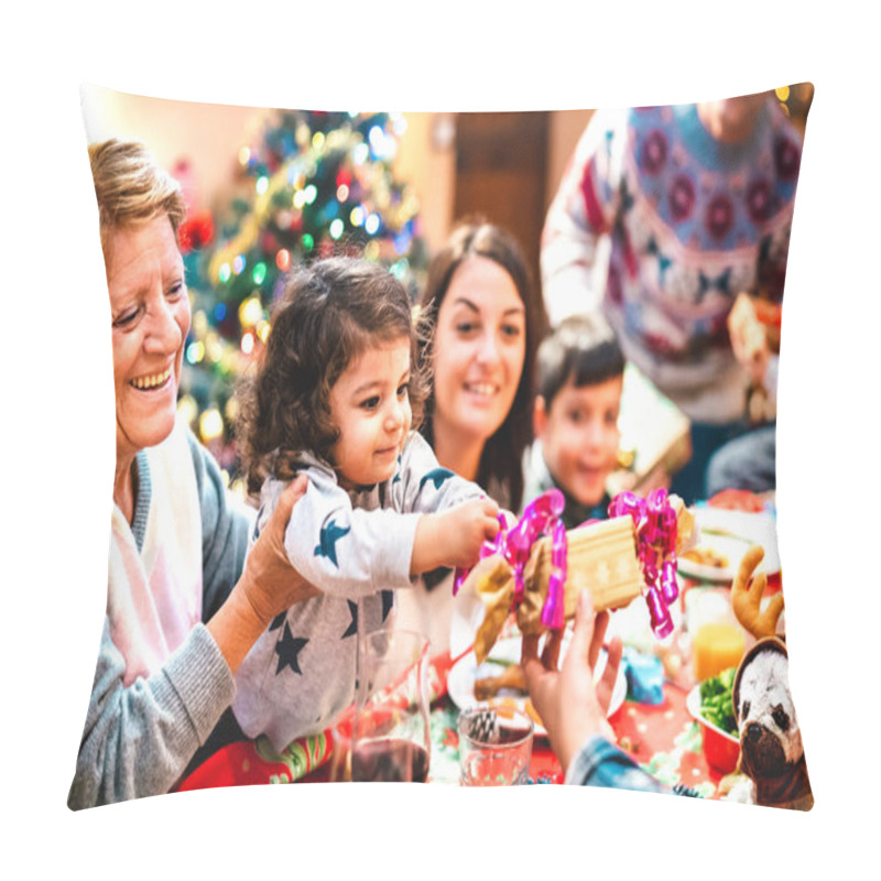 Personality  Large Multi Generation Family Having Fun At Christmas Home Supper - Winter Holiday X Mas Concept With Parents And Children Opening Gifts Together At Dinner - Focus On Little Daugther - Warm Filter Pillow Covers