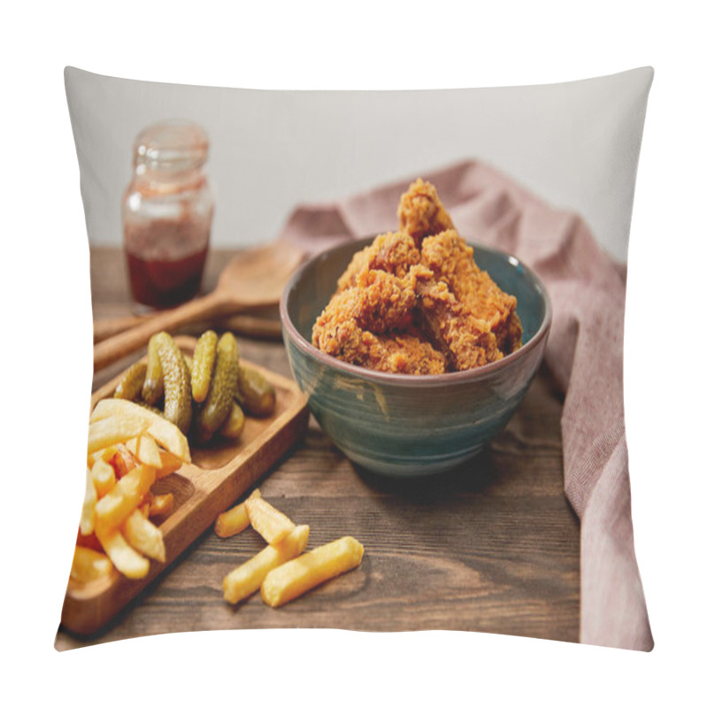 Personality  Selective Focus Of Delicious Chicken Nuggets, French Fries And Gherkins On Wooden Table Isolated On Grey Pillow Covers