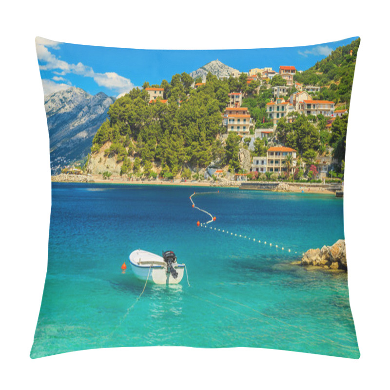 Personality  Beautiful Coastline And Beach With Motorboat,Brela,Dalmatia Region,Croatia,Europe Pillow Covers