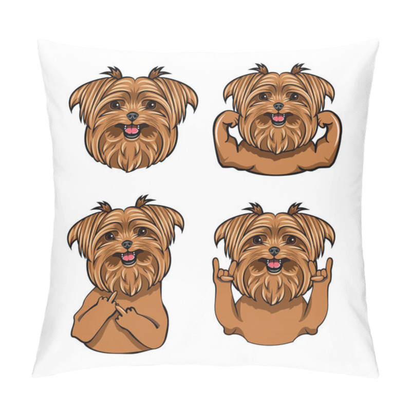 Personality  Yorkshire Terrier Dog. Muscles, Middle Finger Gesture, Horns, Head, Muzzle, Face. Yorkshire Terrier Set. Dog Portrait. Vector. Pillow Covers