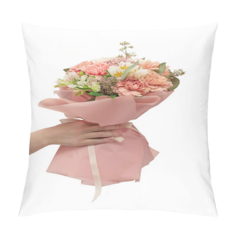 Personality  Bouquet Of  Soft Pink Flowers In Pink Wrapping Paper In Woman Hands Isolated On White Background. Pillow Covers