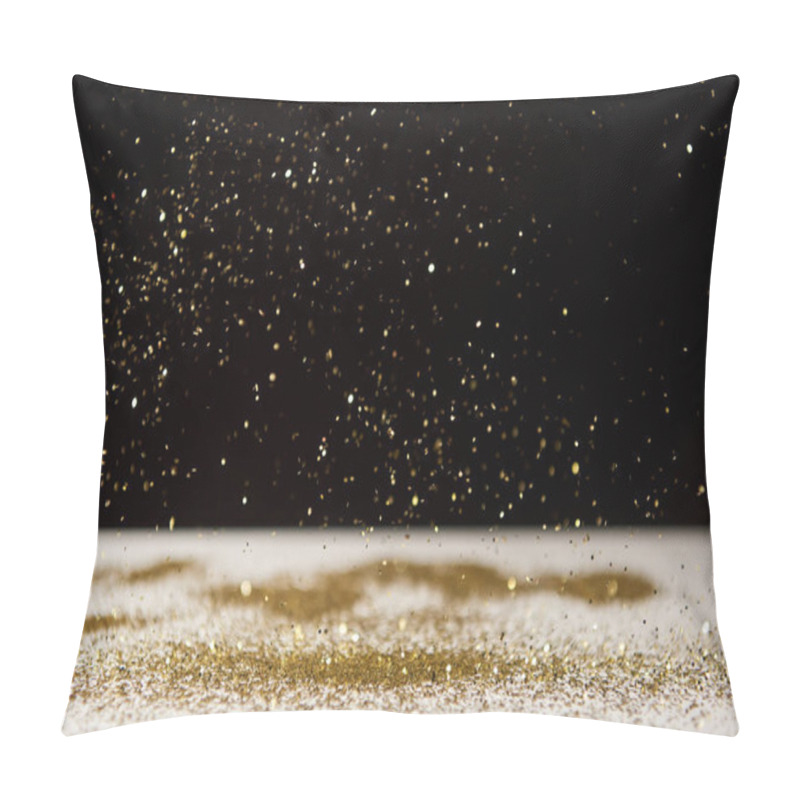 Personality  Selective Focus Of Bright Sparkles Falling On White Table Isolated On Black  Pillow Covers