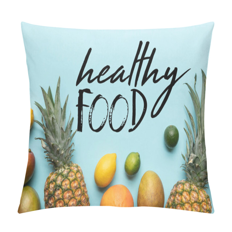 Personality  Top View Of Whole Ripe Tropical Fruits On Blue Background With Healthy Food Illustration  Pillow Covers