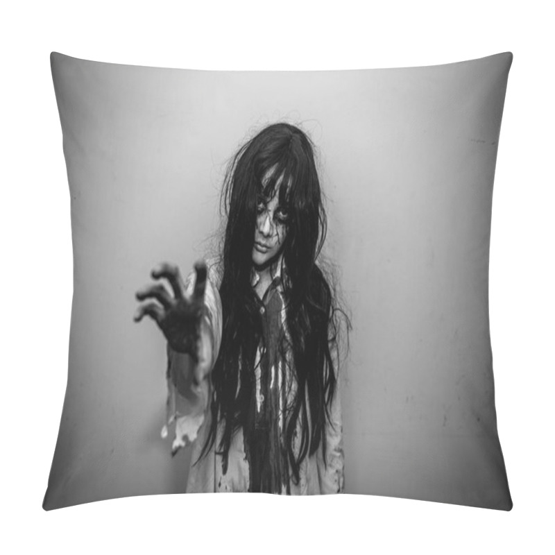 Personality  Portrait Of Asian Woman Make Up Ghost Face, Zombie, Halloween Concept Pillow Covers