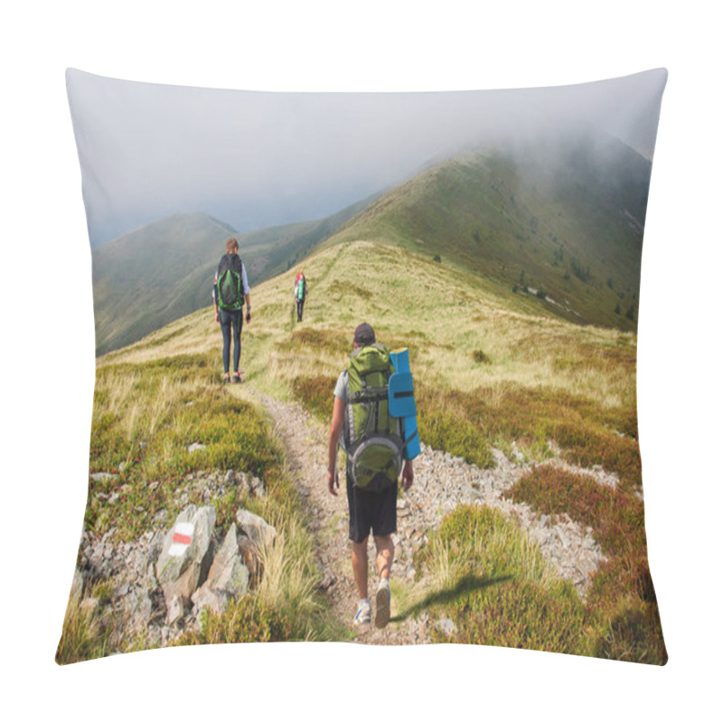 Personality  Group Of Tourists With Large Backpacks Are On Mountain Pillow Covers