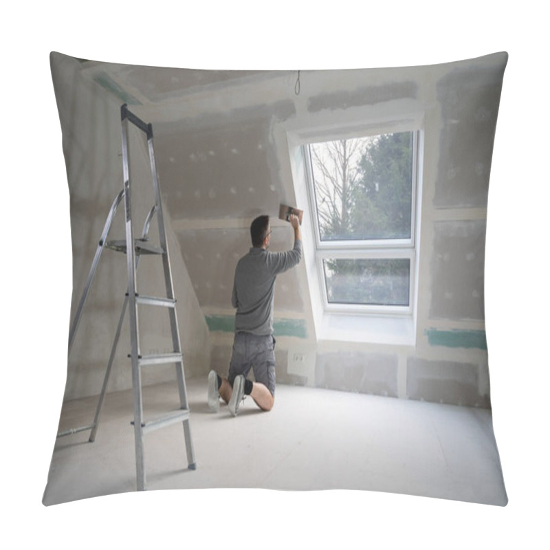 Personality  Man Plastering Drywall In A Private House. Pillow Covers