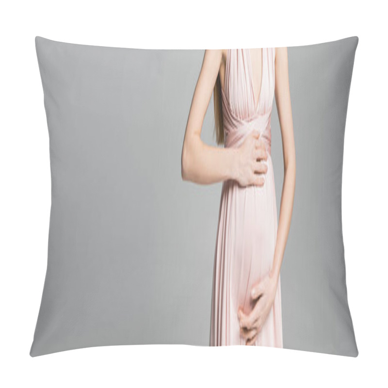 Personality  Cropped View Of Fashionable And Pregnant Woman In Pink Dress Touching Belly While Standing Isolated On Grey With Copy Space, Elegant And Stylish Pregnancy Attire, Banner  Pillow Covers