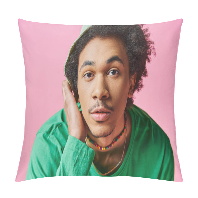 Personality  Young African American Man With Curly Hair Wearing A Green Shirt And Hat, On A Pink Background. Pillow Covers