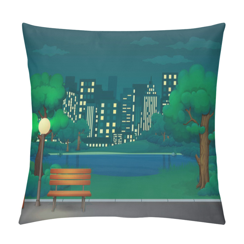 Personality  Summer, Spring Night Park Vector Illustration. Wooden Bench, Trash Bin And Street Lamp On An Asphalt Park Trail With Lush Green Trees, Bushes, Lake And Cityscape In The Background. Pillow Covers