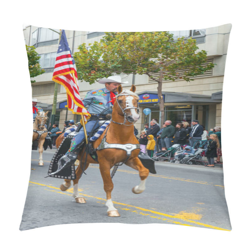 Personality  SAN FRANCISCO, USA - OCTOBER 11, 2009: Columbus Day Celebration. Dressy Riders In Cowboy Hats Carry US Flags On Beautiful, Well-groomed Horses. Equestrian Parade Pillow Covers