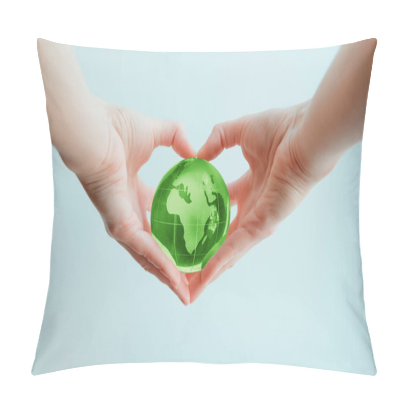 Personality  Hands In Shape Of Heart  Holding Green Glass Globe Of Africa And Pillow Covers