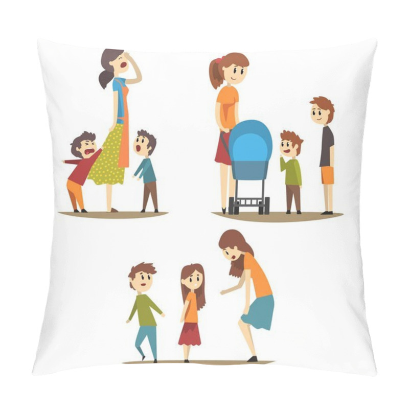 Personality  Tired Housewife And Loudly Screaming Sons, Young Mother With Baby Carriage And Two Boys Next To Her, Woman Scolding Little Girl. Motherhood Concept. Flat Vector Illustration. Pillow Covers