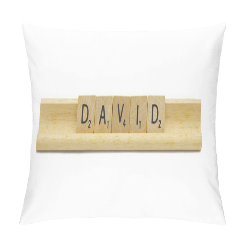 Personality  Miami, FL 4-18-24 Popular Baby Boy First Name Of DAVID Made With Square Wooden Tile English Alphabet Letters With Natural Color And Grain On A Wood Rack Holder Isolated On White Background Pillow Covers