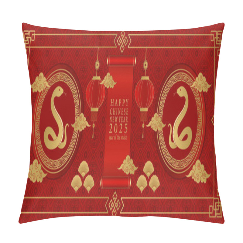 Personality  Happy Chinese New Year 2025. Red Background With Golden Snake, Fan, And Chinese Lanterns. Pillow Covers