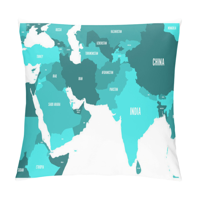 Personality  Political Map Of South Asia And Middle East Countries. Simple Flat Vector Map In Four Shades Of Turquoise Blue Pillow Covers